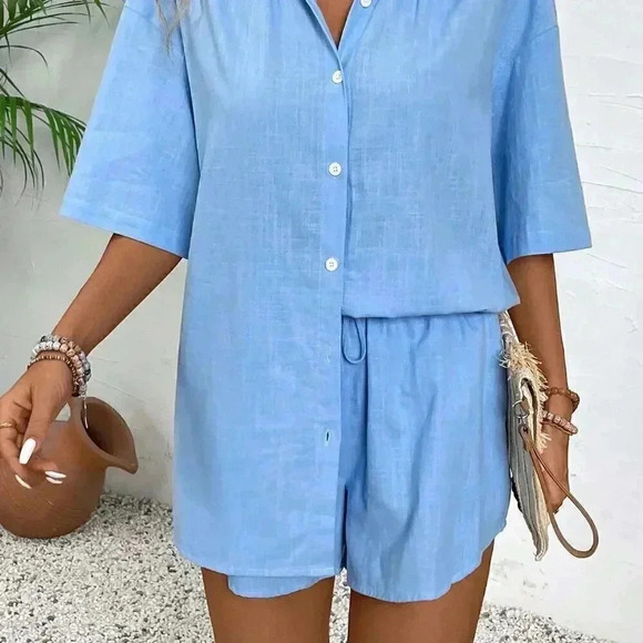 Blue Casual Women's Vacation Solid Color Drop-Shoulder Shirt And Shorts Set - Picture 6 of 7